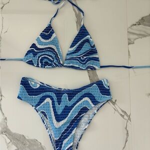 Blue Wave Print Triangle Bikini Set
